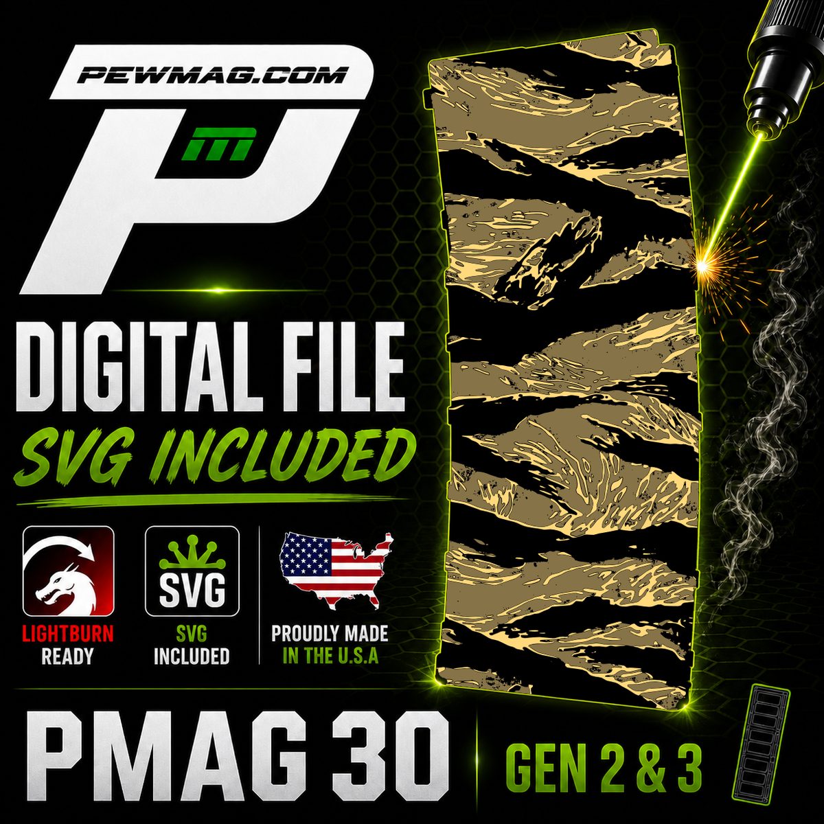 Tiger Stripe PMAG Engraving File | Tactical Camouflage SVG for PMAG 30 Gen 2 & Gen 3 | LightBurn Ready Laser Engraving Design