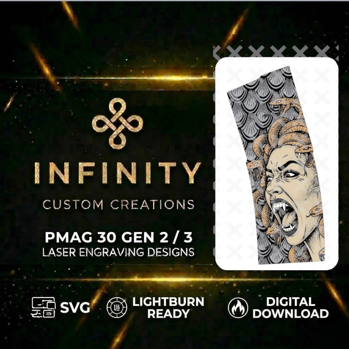 Medusa PMAG  Lightburn SVG & DXF Ready | Mythology Tactical Magazine Design | Fiber Laser Digital Download