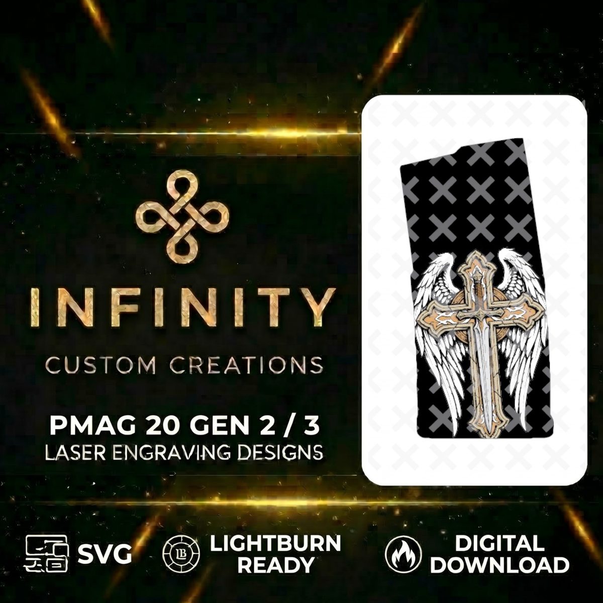 Winged Cross AR10 PMAG Design | Christian Cross Fiber Laser Engraving File |  SVG DXF | LightBurn Ready