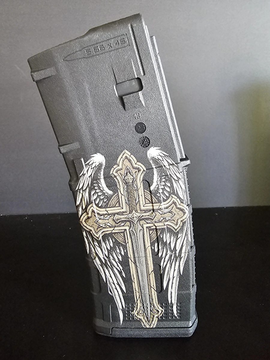 Winged Cross AR10 PMAG Design | Christian Cross Fiber Laser Engraving File | SVG DXF | LightBurn Ready — lasered result