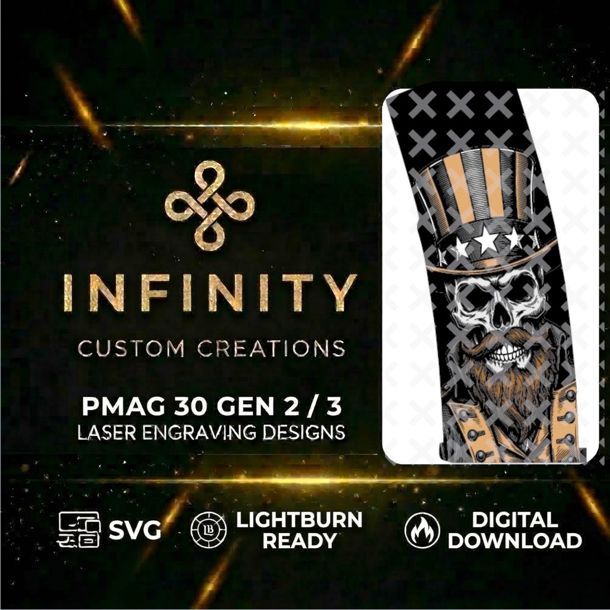 Stay Strapped or Get Clapped PMAG Fiber Laser Engraving Design | SVG DXF LightBurn File | Uncle Sam Skull | Digital Download — lasered result