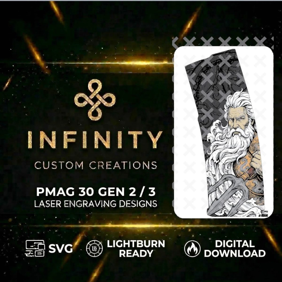 Poseidon PMAG Design | Greek God of the Seas | Digital Download | Fiber Laser Engraving File SVG & DXF | LightBurn Ready