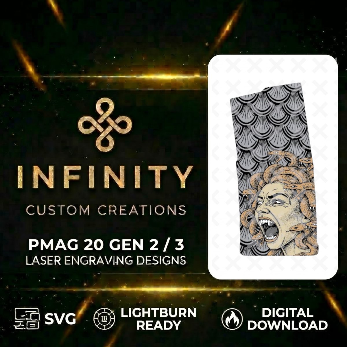 Medusa AR10 PMAG Design Lightburn SVG & DXF Ready | Mythology Tactical Magazine Design | Fiber Laser Digital Download