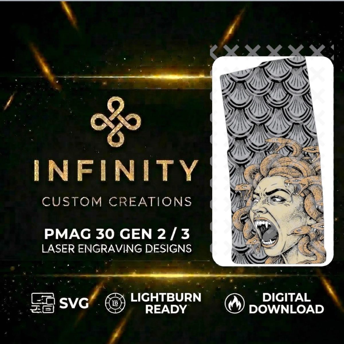 Medusa AR10 PMAG Design Lightburn SVG & DXF Ready | Mythology Tactical Magazine Design | Fiber Laser Digital Download