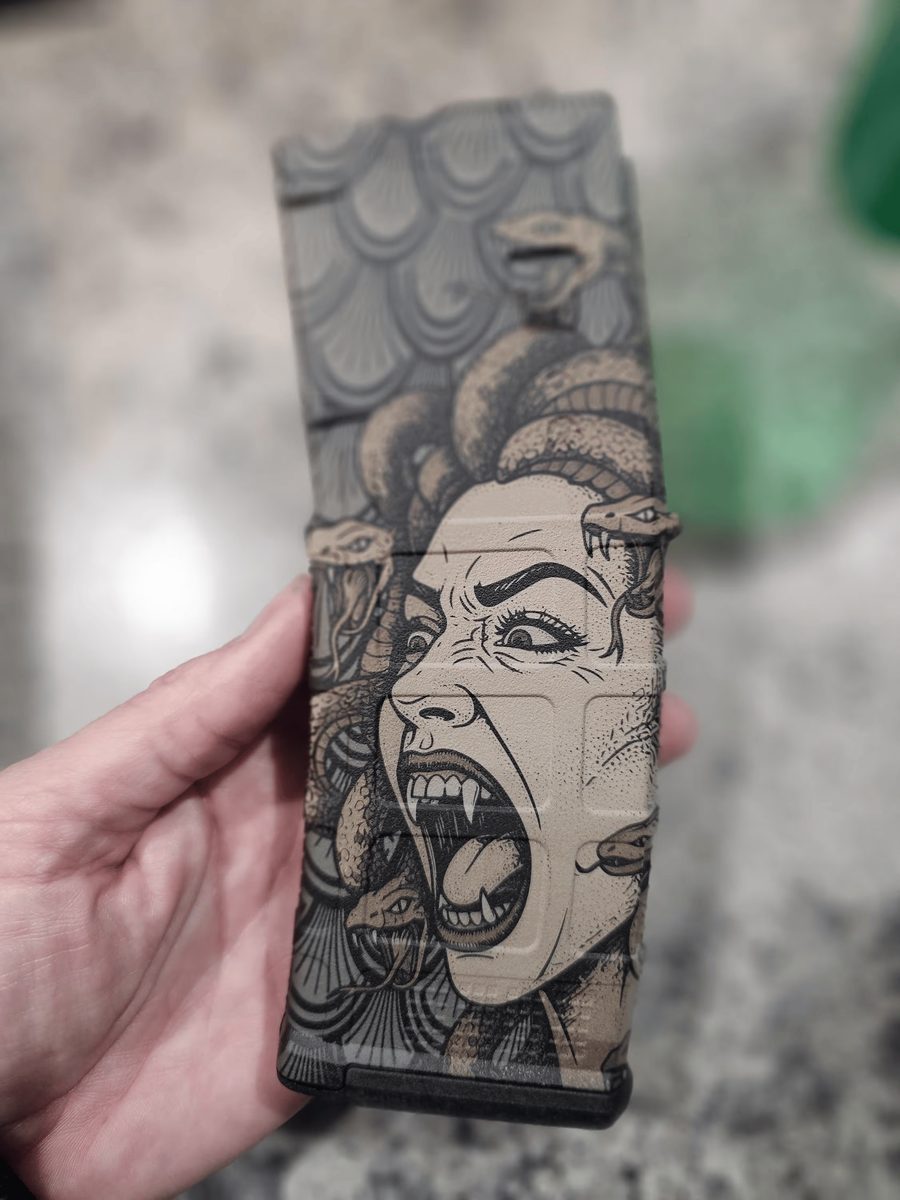 Medusa AR10 PMAG Design Lightburn SVG & DXF Ready | Mythology Tactical Magazine Design | Fiber Laser Digital Download — lasered result