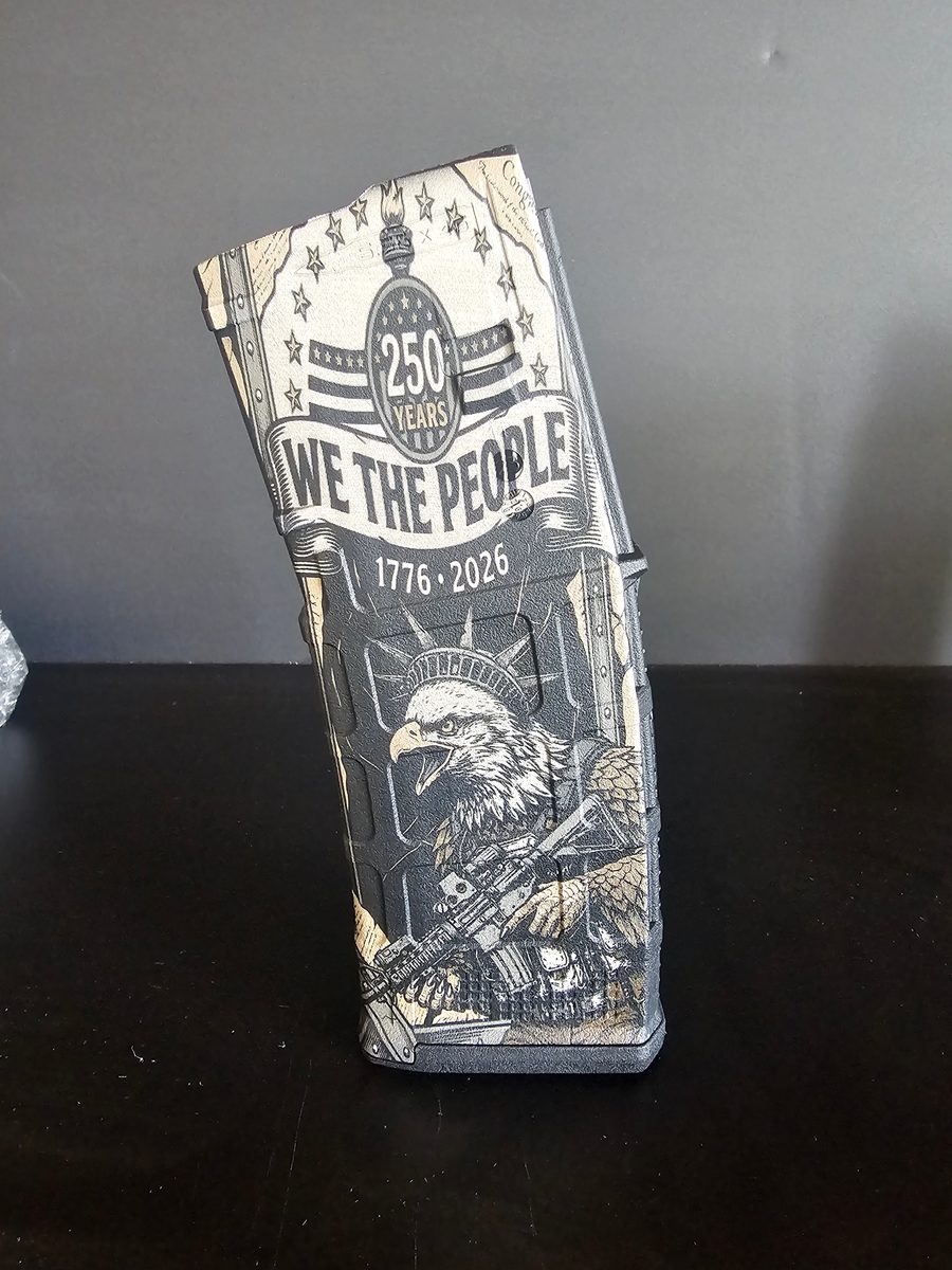 Freedom's Fury 250th Anniversary PMAG Fiber Laser Engraving Design | SVG DXF LightBurn File | 1776-2026 We The People | Digital Download — lasered result