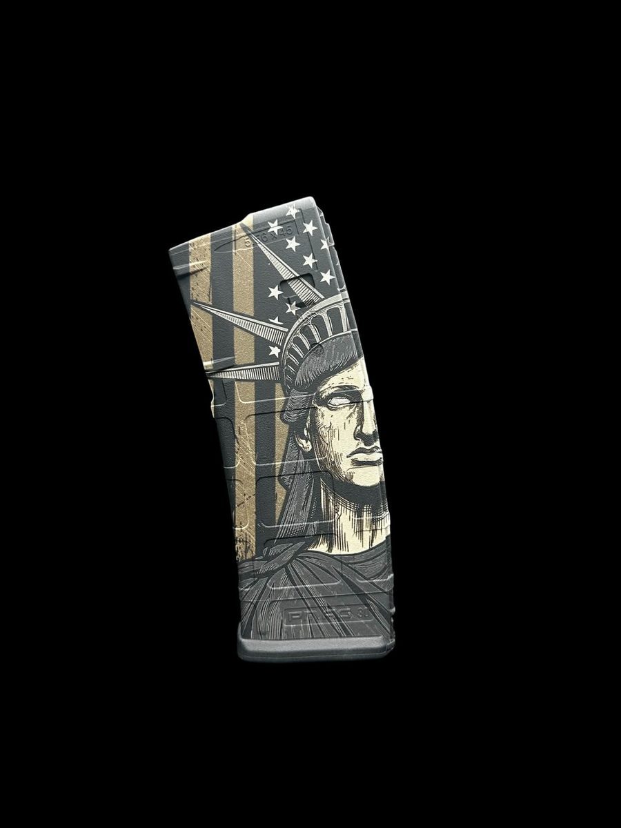 Liberty PMAG Design | Patriotic Statue Engraving File | American Flag Theme | LightBurn PMAG File | Fiber Laser Digital Download — lasered result