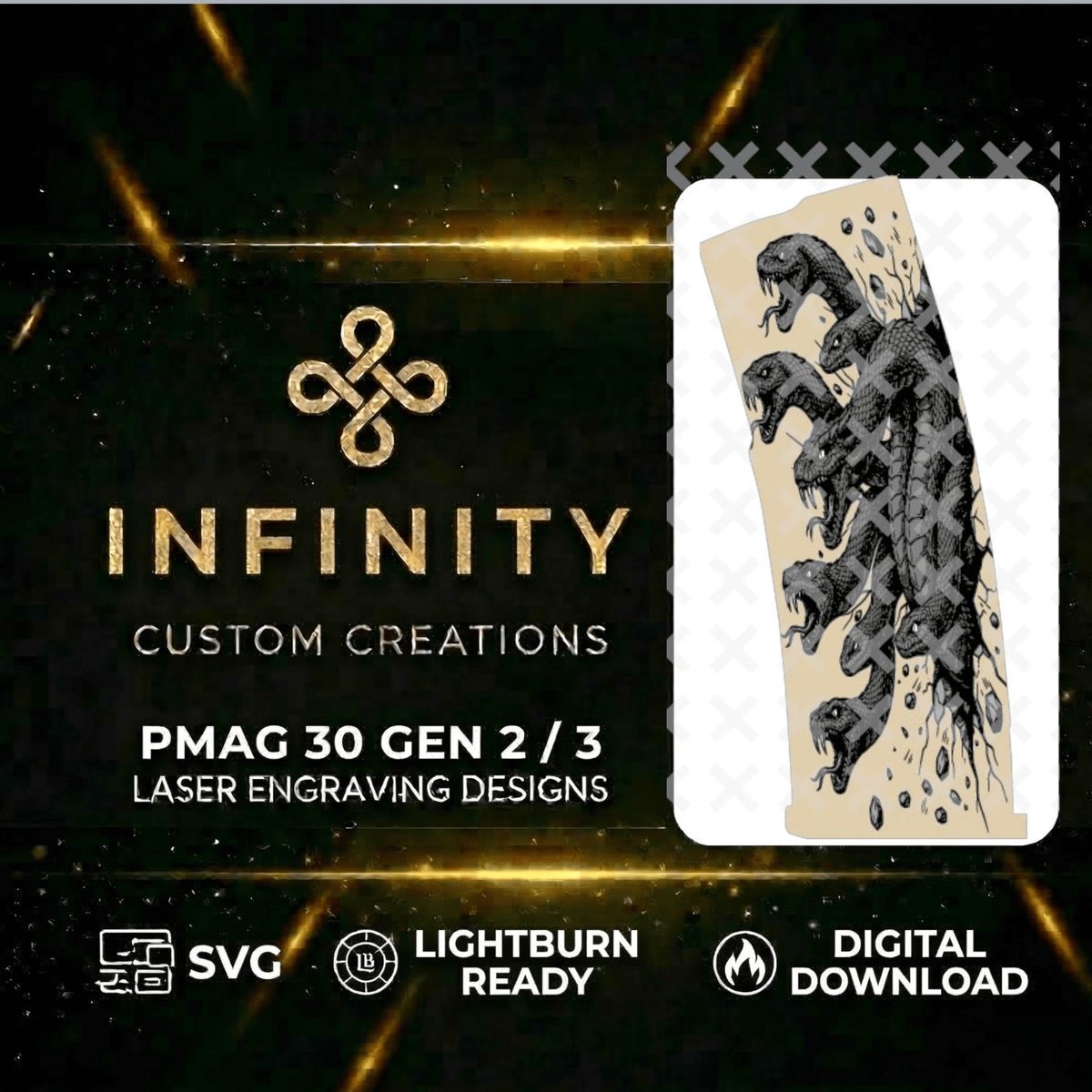 Hydra PMAG Design | Multi Headed Hydra Monster | Digital Download | Fiber Laser Engraving File SVG and DXF | LightBurn Ready