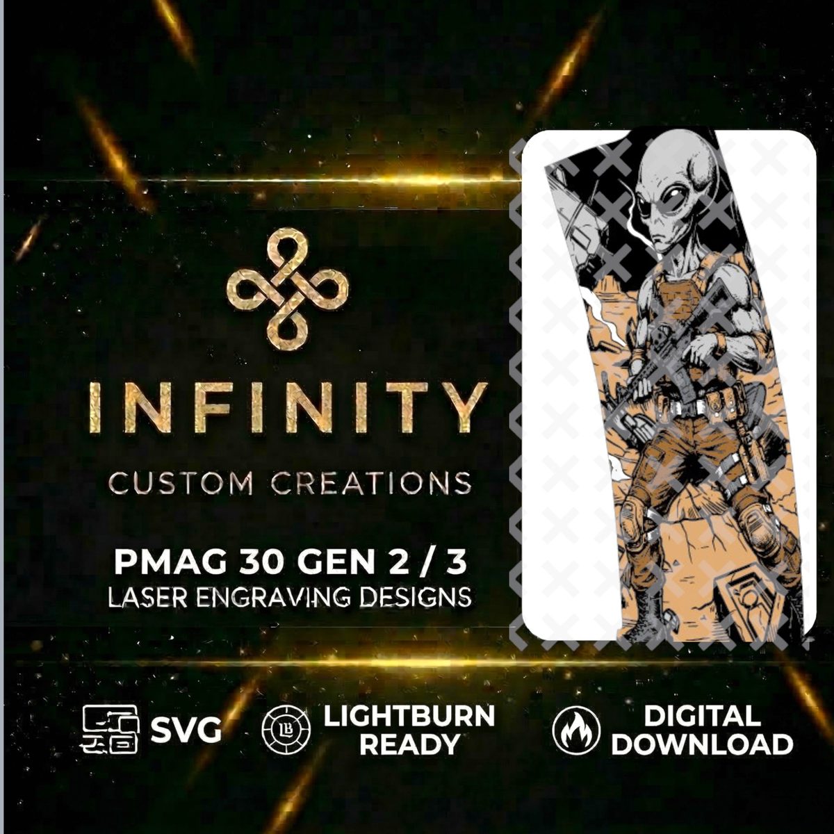 Alien Invasion PMAG Fiber Laser Engraving Design | SVG DXF LightBurn File | Roswell Grey Alien | Digital Download — lasered result