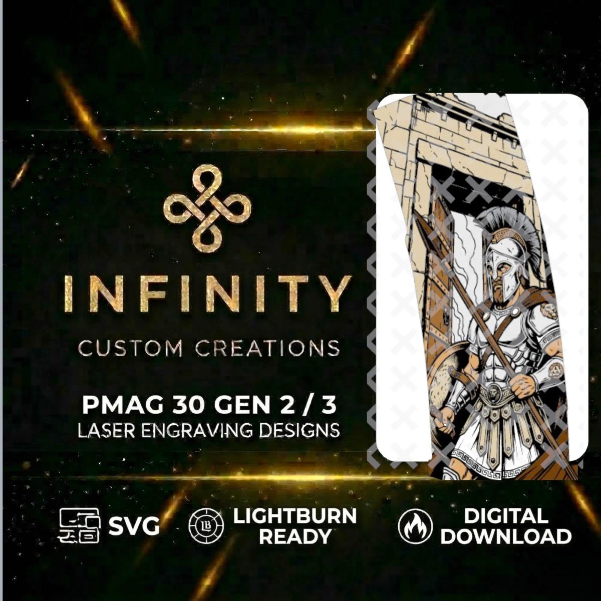 Spartan Warrior PMAG Engraving File | Ancient Greek Warrior SVG and DXF | Fiber Laser Engraving Design | LightBurn Digital Download — lasered result