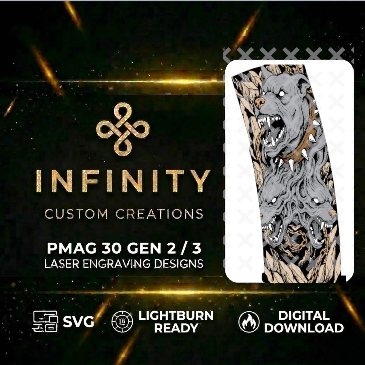 Cerberus PMAG Design | Three Headed Hellhound | Digital Download | Fiber Laser Engraving File SVG and DXF | LightBurn Ready