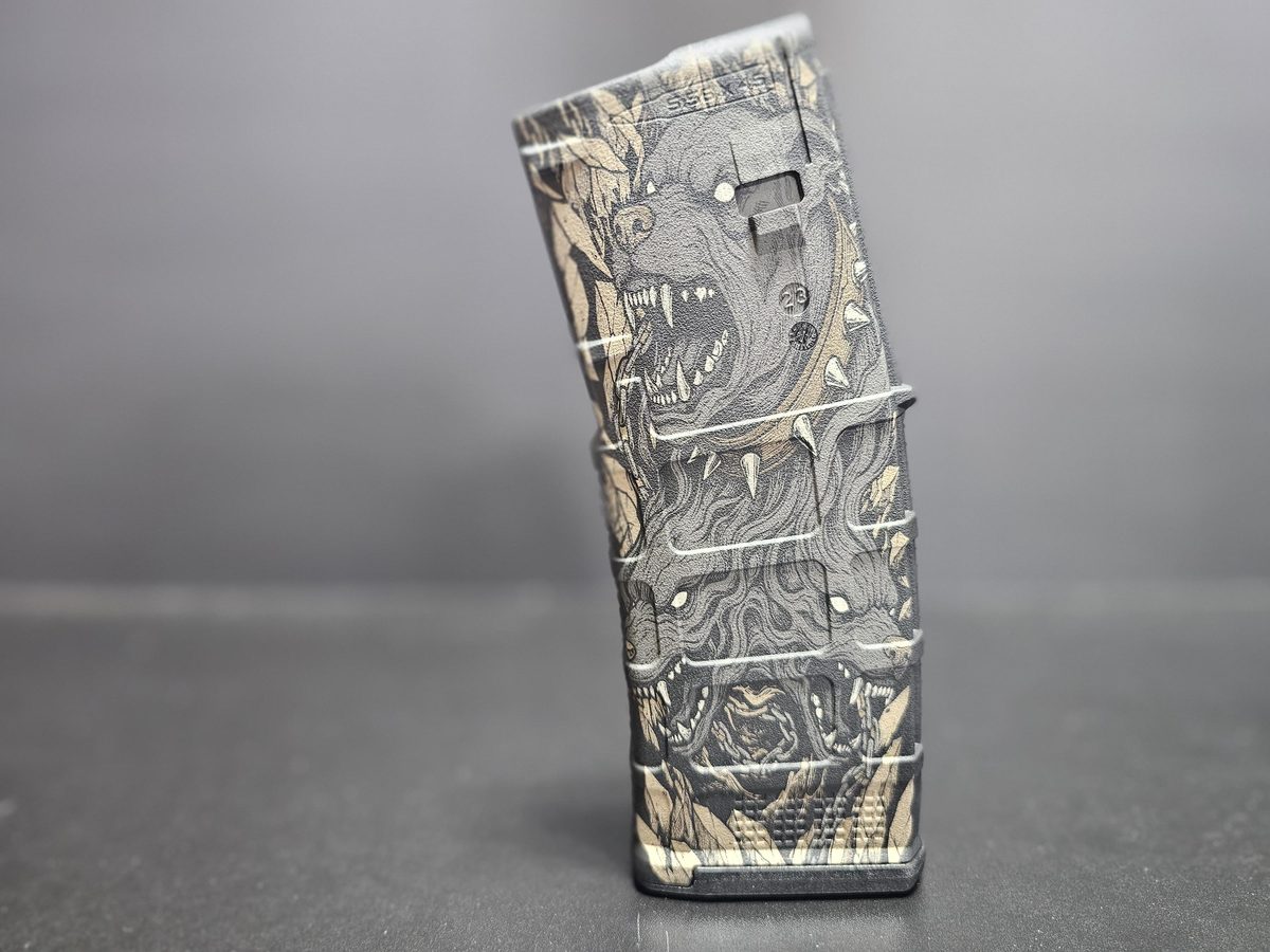 Cerberus PMAG Design | Three Headed Hellhound | Digital Download | Fiber Laser Engraving File SVG and DXF | LightBurn Ready — lasered result
