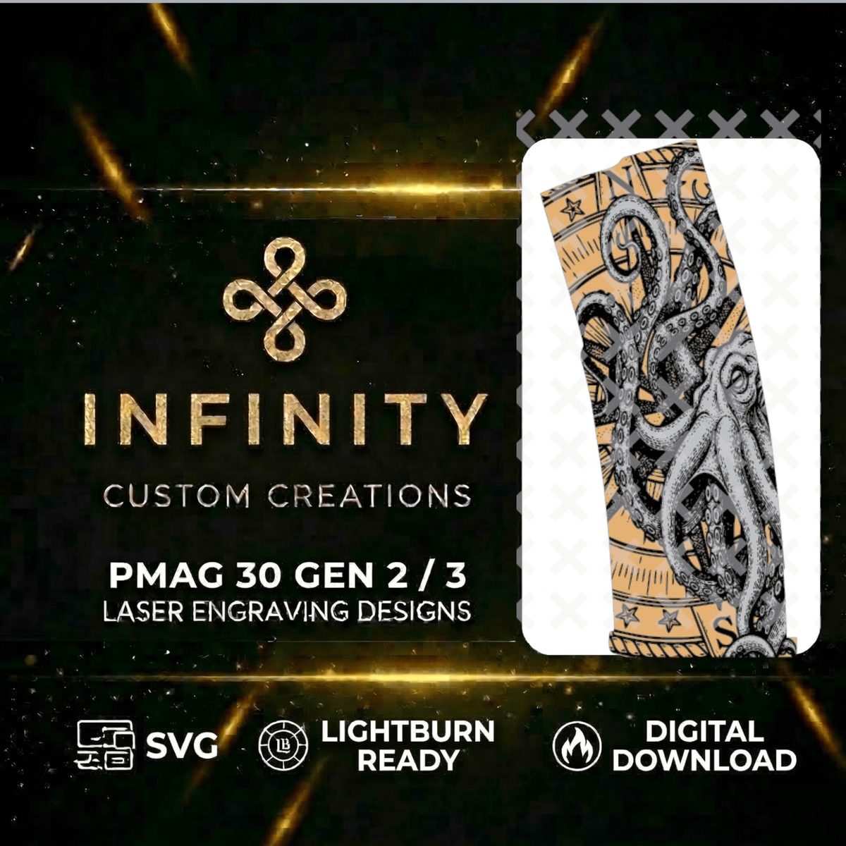 Kraken PMAG Design | Sea Monster Tentacle Engraving File | Digital Download SVG DXF | LightBurn Ready Fiber Laser Design