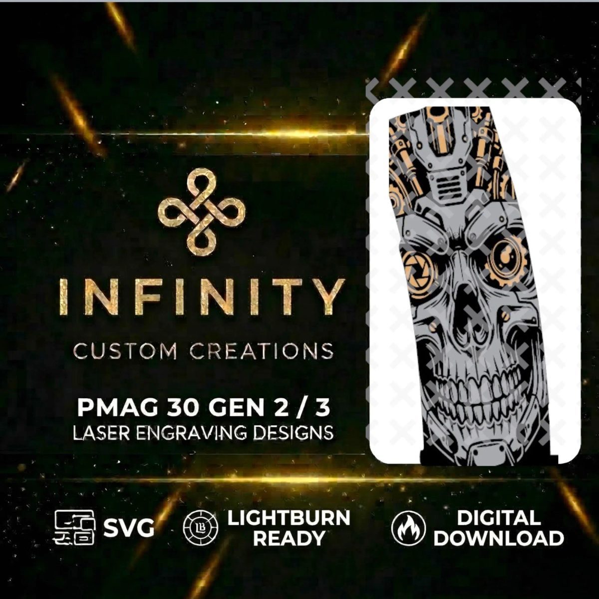 Cyberpunk Skull PMAG Digital Design|  Fiber Laser Engraving File SVG &DXF | LightBurn Ready | Tactical Tech Skull
