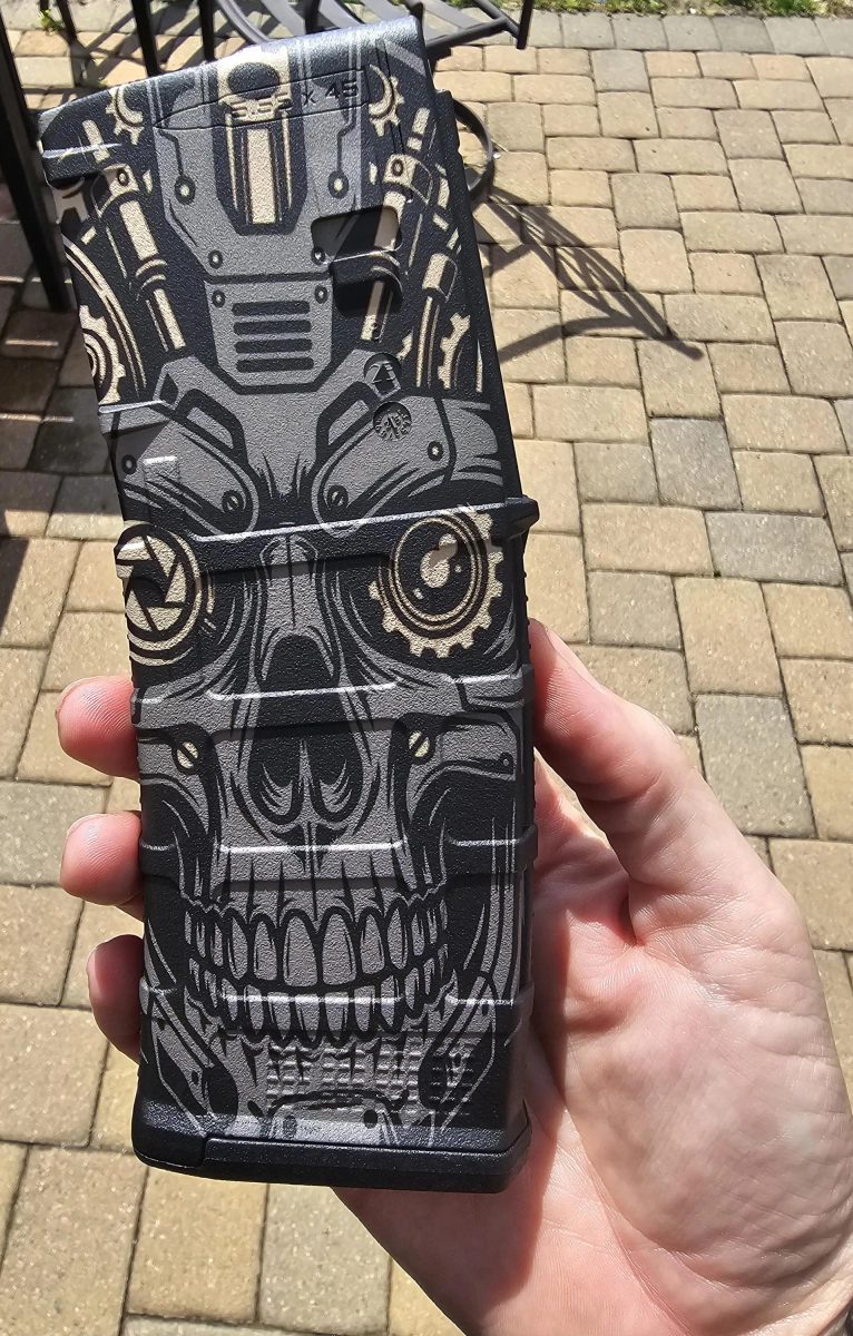 Cyberpunk Skull PMAG Digital Design|  Fiber Laser Engraving File SVG &DXF | LightBurn Ready | Tactical Tech Skull — lasered result