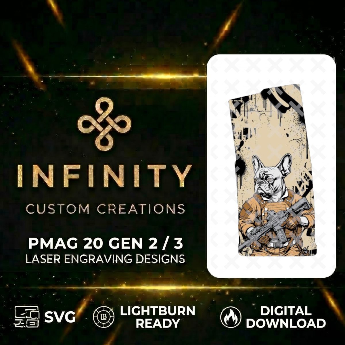 Short Fuse Operator AR10 MAG Design | Tactical French Bulldog Laser Engraving File | SVG DXF | LightBurn Ready Fiber Laser Design — lasered result