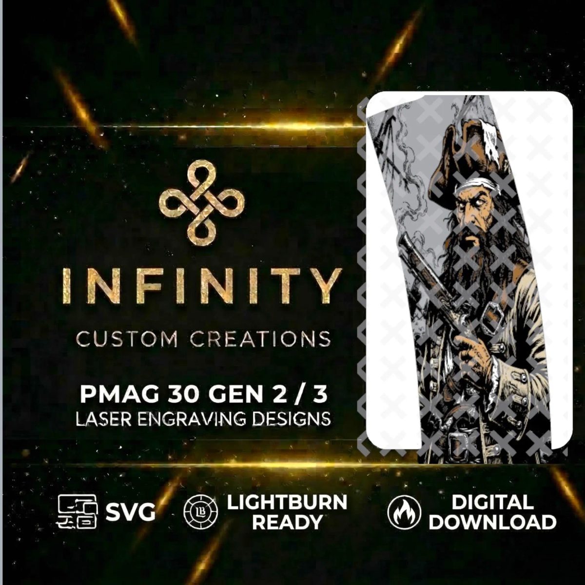 Pirate Captain PMAG Engraving File | Blackbeard Design SVG and DXF | Fiber Laser Engraving Design | LightBurn Digital Download