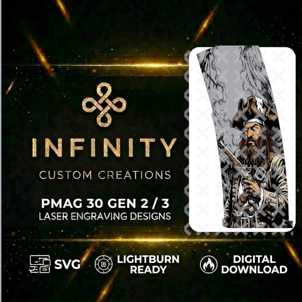 Pirate Captain PMAG Engraving File | Blackbeard Design SVG and DXF | Fiber Laser Engraving Design | LightBurn Digital Download — lasered result