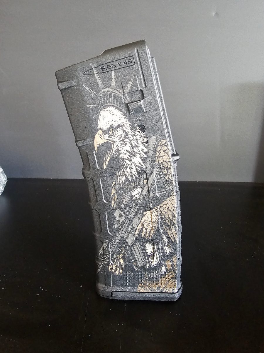 Freedom's Fury PMAG Fiber Laser Engraving Design | Tactical Liberty Eagle SVG DXF LightBurn File | Magpul Gen 2 & Gen 3 | Digital Download — lasered result