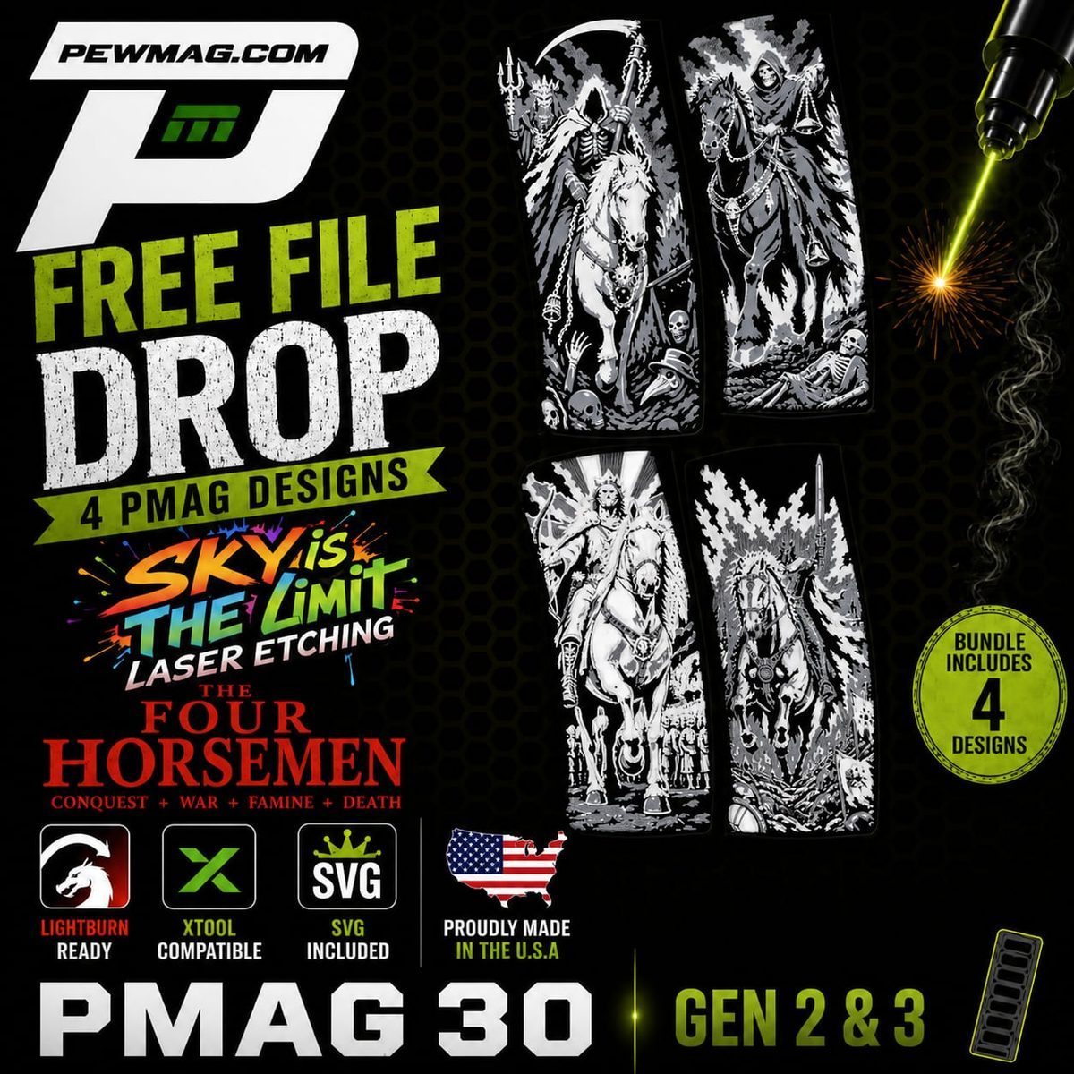 Four Horsemen PMAG Engraving Files Bundle | PMAG 30 Gen 2 & Gen 3 SVG Pack | LightBurn Ready Laser Engraving Design | XTool Compatible