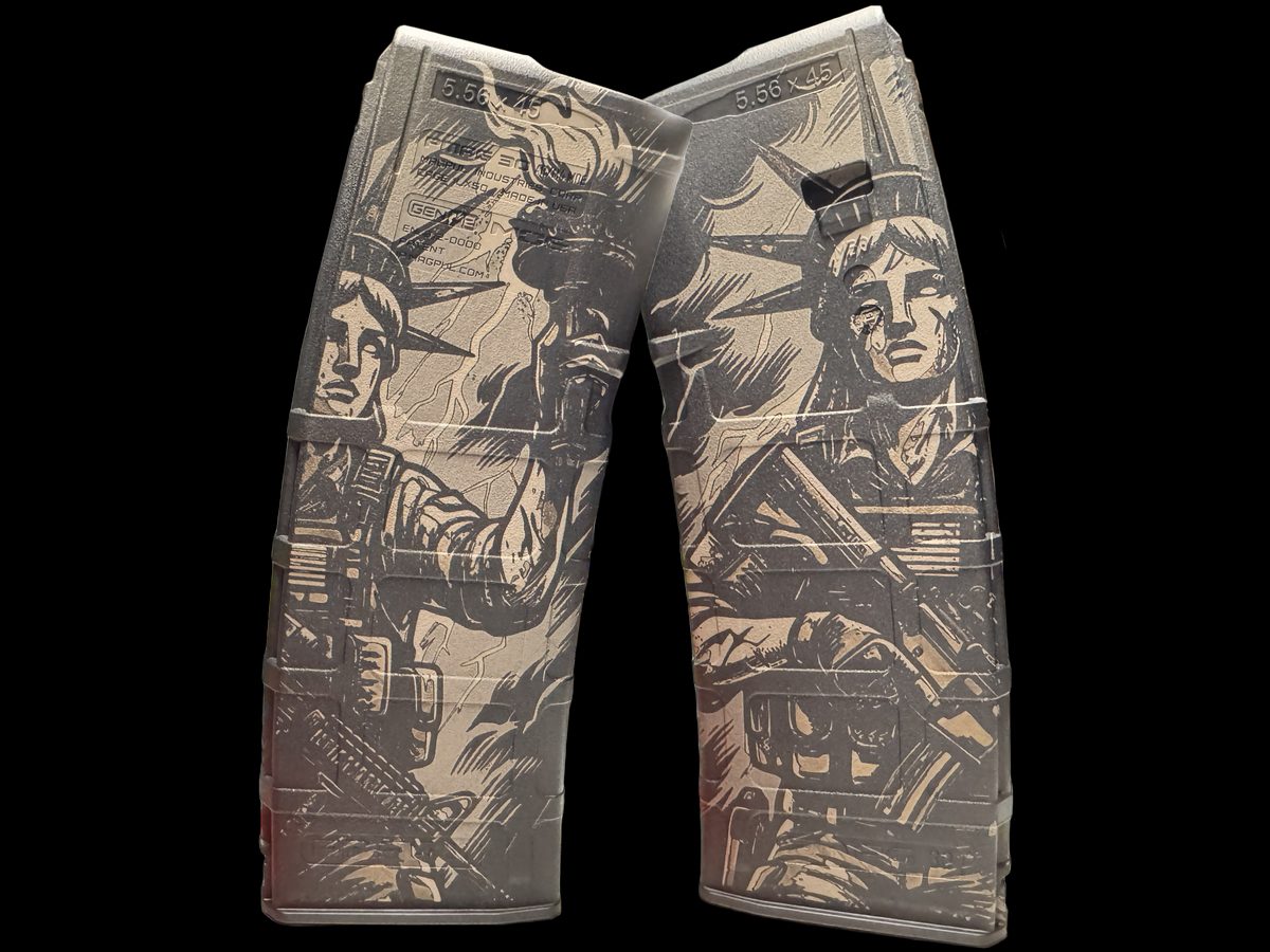 FUBERTY PMAG Engraving File Bundle | Tactical Lady Liberty SVG for PMAG 30 Gen 2 & Gen 3 | LightBurn Fiber Laser Design — lasered result