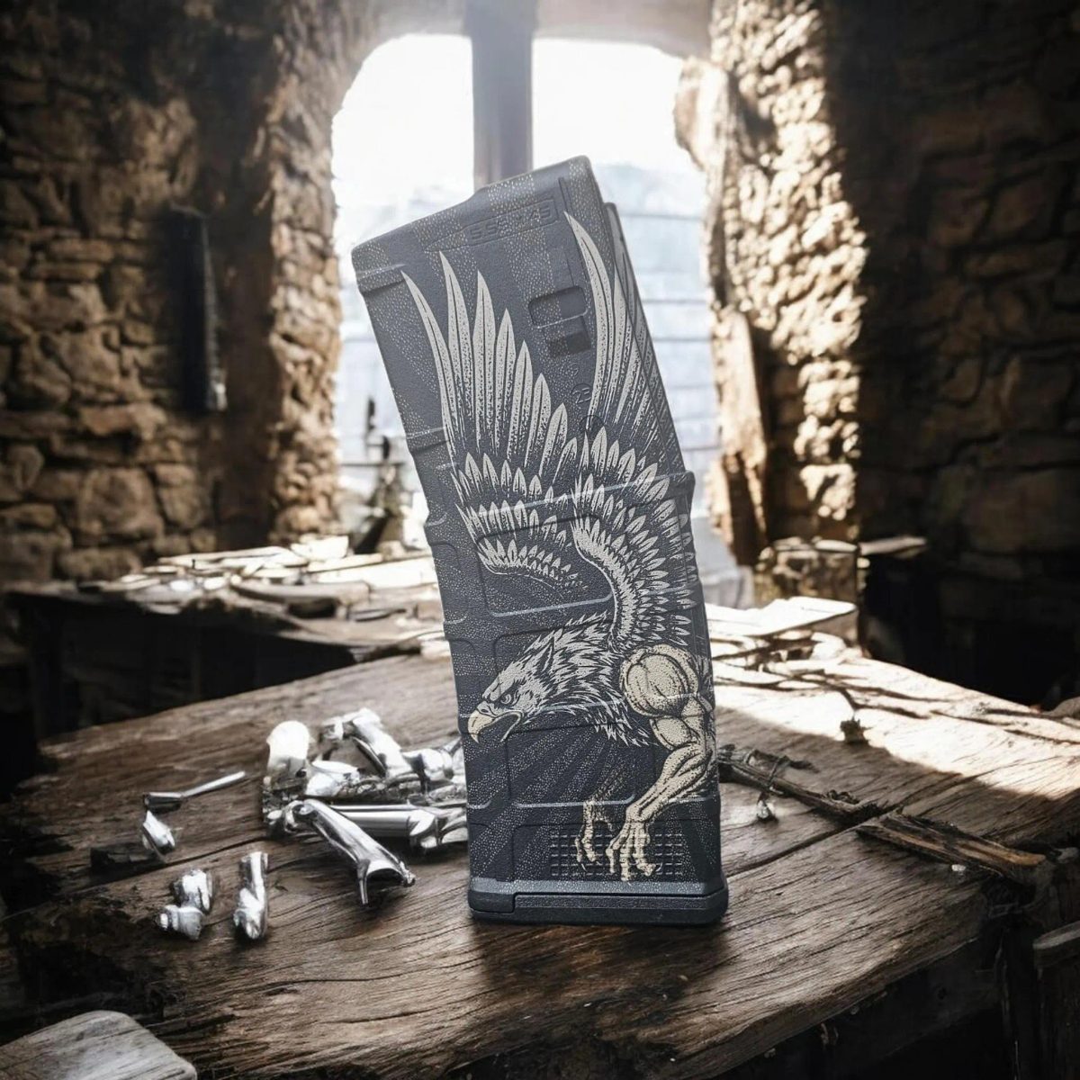 Griffin PMAG Engraving File Lightburn SVG & DXF Ready | Tactical Heraldic Beast | | Fiber Laser- Digital Download — lasered result