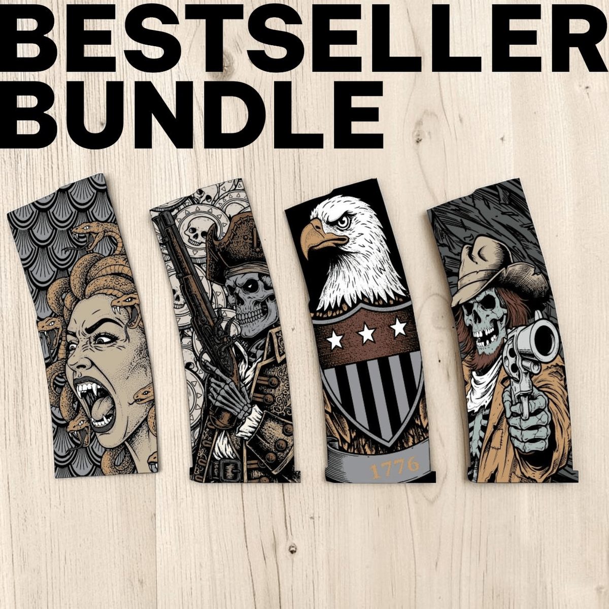 Best Sellers PMAG Bundle | Medusa, Eagle Shield, Skeleton Pirate & Skeleton Outlaw | Fiber Laser Engraving Files SVG DXF  | LightBurn Ready