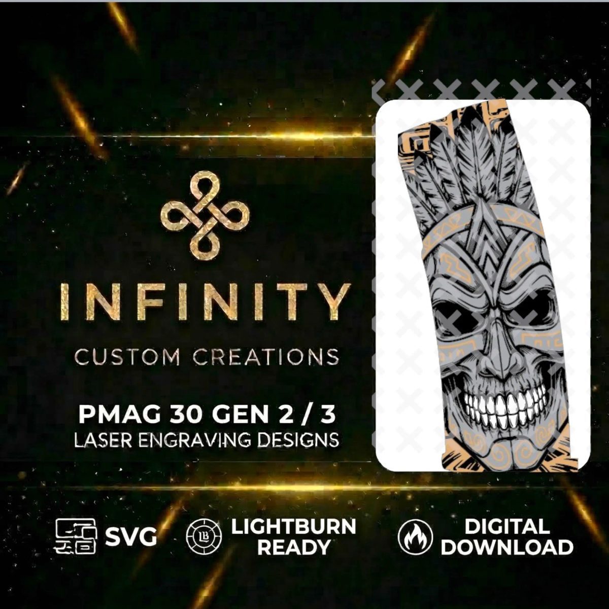 Aztec Skull PMAG Digital Design | Tribal Warrior Skull Design | Fiber Laser Engraving SVG & DXF | LightBurn Ready