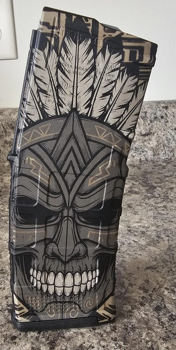 Aztec Skull PMAG Digital Design | Tribal Warrior Skull Design | Fiber Laser Engraving SVG & DXF | LightBurn Ready — lasered result
