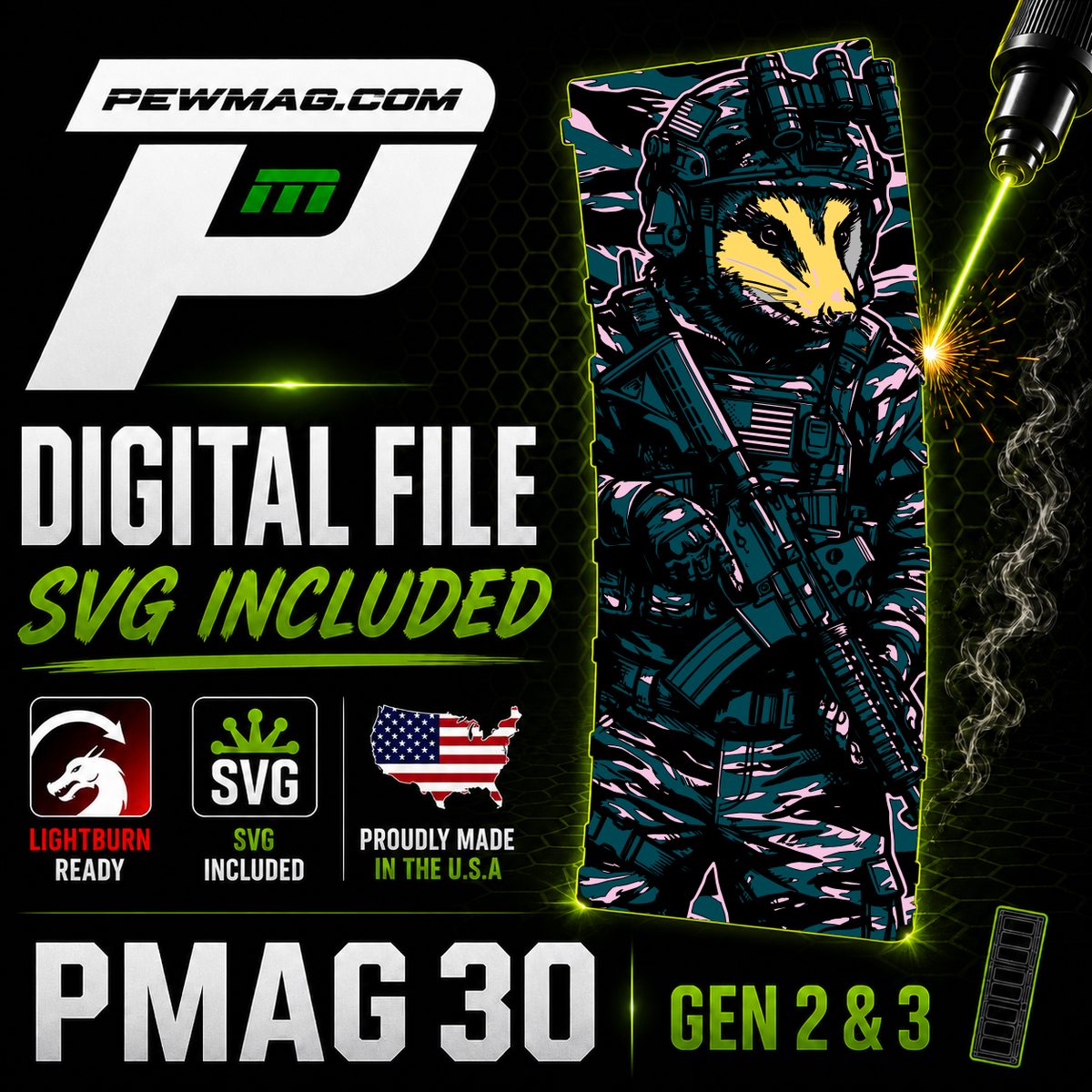 Tactical Possum PMAG Engraving File | Funny Tactical PMAG SVG for PMAG 30 Gen 2 & Gen 3 | LightBurn Fiber Laser Design