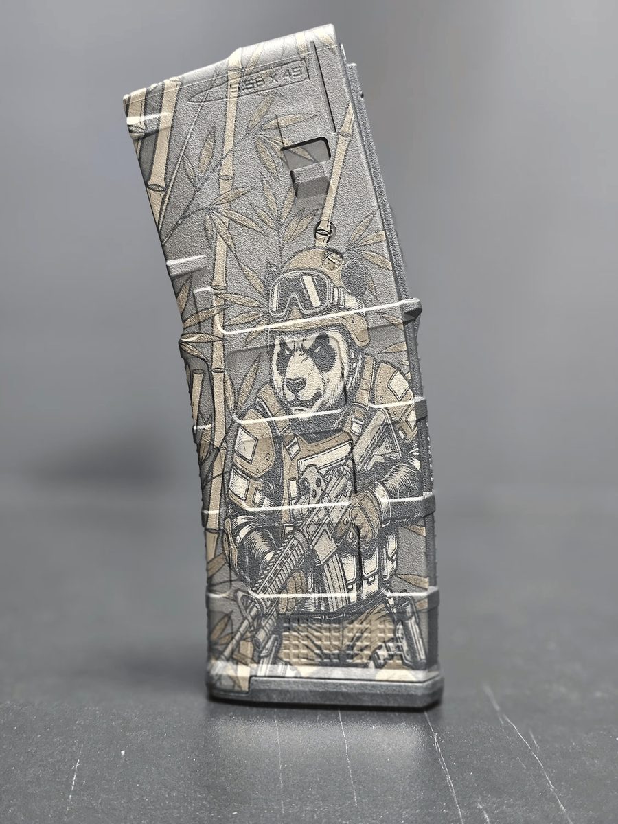 Tactical Panda PMAG Design | Operator Panda Fiber Laser Engraving File | Digital Download SVG DXF | LightBurn Ready Laser File — lasered result