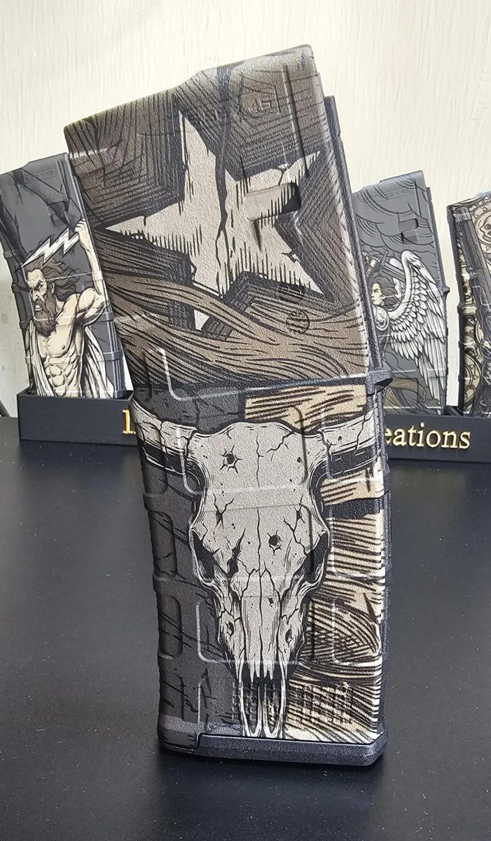 Texas Flag PMAG Design | Longhorn Skull & Texas Flag | Digital Download | Fiber Laser Engraving File SVG and DXF | LightBurn Ready — lasered result