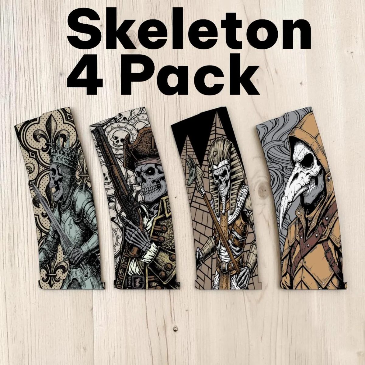Enter the dark side of the collection with this Skeleton Legends PMAG Bundle featuring four detailed skeletal-themed engraving designs built for laser engraving and PMAG customization.  This pack combines some of the most aggressive and detailed skull-themed artwork in the shop into one bundle:  Skeleton King Skeleton Pirate Plague Doctor Skeleton Pharaoh  Designed specifically for clean engraving on PMAGs and other laser-ready surfaces with bold contrast, sharp linework, and laser-friendly detail.  👉 Each design is optimized for vertical PMAG layout and real-world visibility when inserted into a rifle.  Built specifically for PMAG 30 Gen 2 / Gen 3 laser engraving, this design balances strong contrast with controlled detail—ensuring clean results on polymer without muddy fills or loss of definition.  🔥 Optimized for Lightburn (Ready to Run) We’ve taken the guesswork out of the setup. This file is 100% "plug-and-play" for Lightburn users:  Built-in Tool Layer: Includes a dedicated alignment layer (T1/T2) that matches the PMAG profile. Use this to frame your workpiece perfectly before you fire.   Simple Workflow: The layers are organized for a perfect finish. Just run the layers in order from Top to Bottom. It is very simple and ready to go.  Precision Geometry: Clean vector paths ensure smooth laser movement and high-contrast detail.  📦 What’s Included SVG File: Universal vector file for all laser software.  LBRN2 File: Pre-configured Lightburn file with tool layers.  Compatibility: Designed specifically for standard PMAG surfaces to ensure the art sits naturally within the magazine's ribs and frame. Designed for Fiber lasers - JPT, MOPA, Raycus, etc.  ⚠️ Important: Your Laser, Your Settings Because every laser (Fiber, CO2, Diode) and power wattage is different, you must adjust the speed, power, and frequency settings to suit your specific machine. This file provides the artwork and layout, but you are responsible for applying the settings that work best for your hardware and material and adjusting the size to your desired placement on the surface.  Instructions Download & Open: Import the LBRN2 file directly into Lightburn.  Align: Use the Tool Layer to frame and center your magazine on the laser bed and adjust the size as necessary.  Burn: Ensure your layers are sorted correctly and run them from Top to Bottom.  Finish: Wipe down your mag and show off your custom work!    License Terms ✅ Commercial Use: You are welcome to sell physical items (coins, pendants, etc.) that you create using these files.  ❌ No Digital Redistribution: You may not resell, share, or distribute the digital LightBurn or SVG files in any way.  Note: This is a DIGITAL DOWNLOAD ONLY. You are purchasing the design files. No physical coin or metal blank is included.