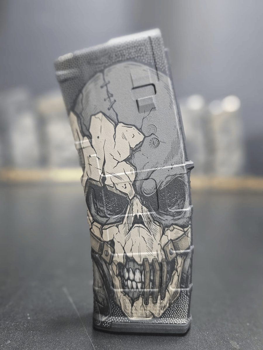 Radiation Skull AR10 PMAG Design | Fallout Style Skull SVG DXF |   Fiber Laser Engraving File | LightBurn Ready — lasered result