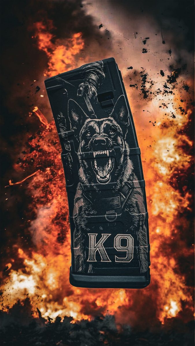 K9 PMAG Engraving File | Tactical Police Dog SVG for PMAG 30 Gen 2 & Gen 3 | LightBurn Ready Laser Engraving Design — lasered result