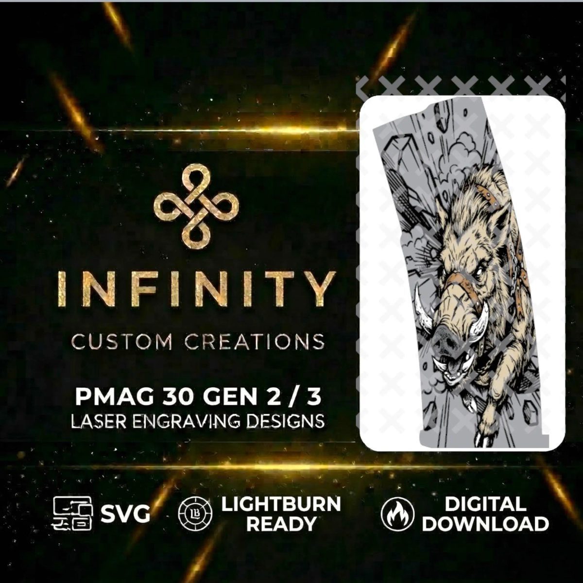 Battle Boar PMAG Design | Tactical Boar SVG DXF | Fiber Laser Engraving File | LightBurn Ready Download