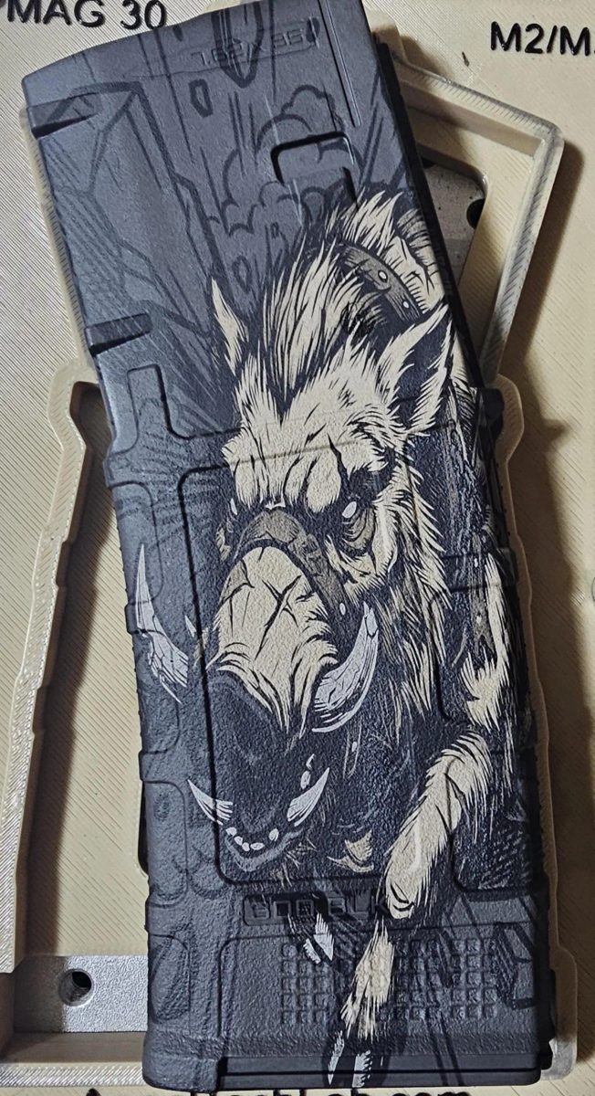 Battle Boar PMAG Design | Tactical Boar SVG DXF | Fiber Laser Engraving File | LightBurn Ready Download — lasered result