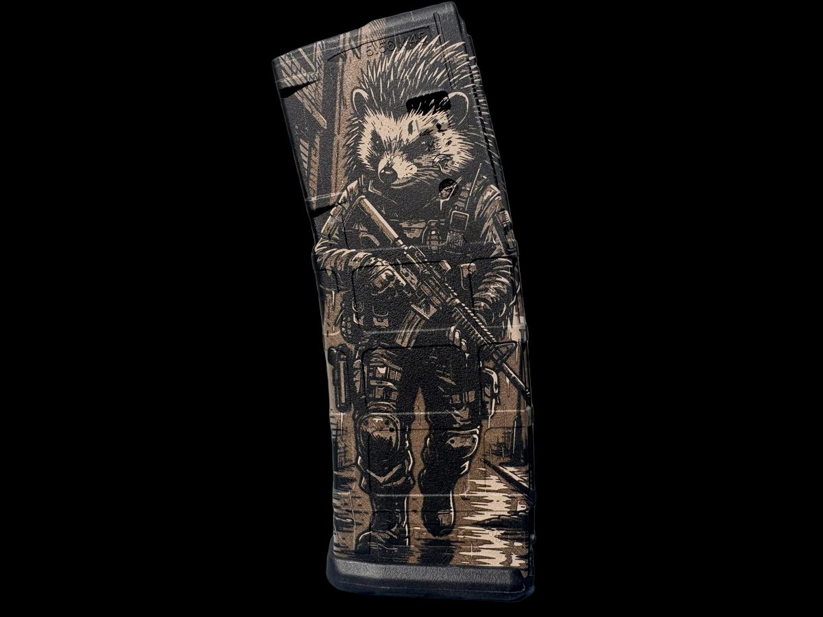 Tactical Hedgehog PMAG Engraving File | Funny Tactical Animal SVG for PMAG 30 Gen 2 & Gen 3 | LightBurn Fiber Laser Design — lasered result