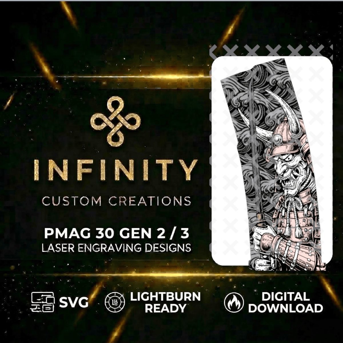 Samurai Oni PMAG Lightburn Ready File | Japanese Warrior Digital Design | Fiber Laser SVG & DXF | Oni Mask Laser Engraving