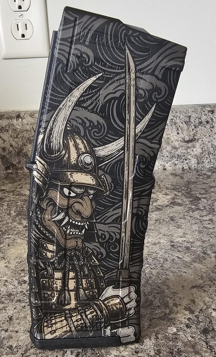 Samurai Oni PMAG Lightburn Ready File | Japanese Warrior Digital Design | Fiber Laser SVG & DXF | Oni Mask Laser Engraving — lasered result