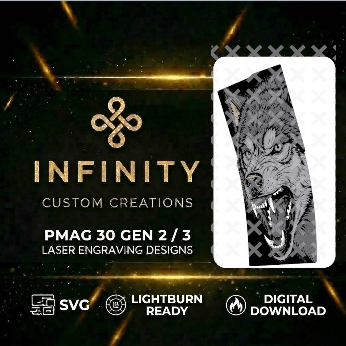 Grey Wolf PMAG File | Lightburn SVG & DXF | Tactical Laser Design | Wolf Laser Engraving Artwork | Fiber Laser- Digital Download