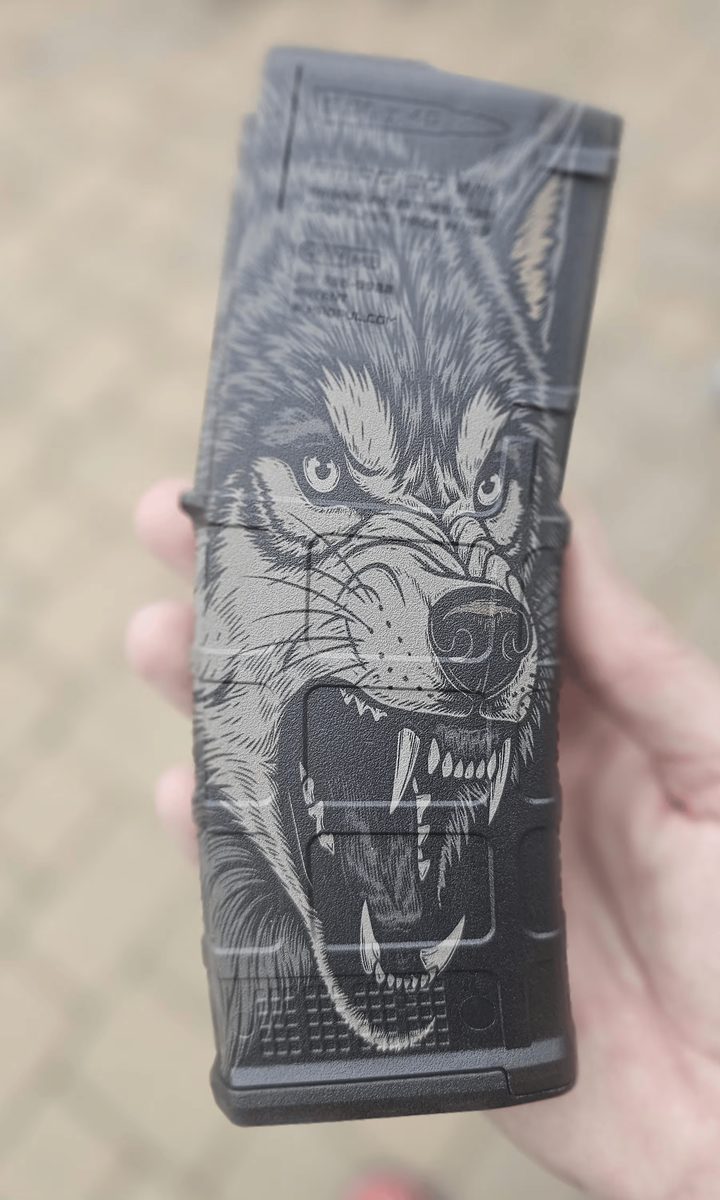 Grey Wolf PMAG File | Lightburn SVG & DXF | Tactical Laser Design | Wolf Laser Engraving Artwork | Fiber Laser- Digital Download — lasered result