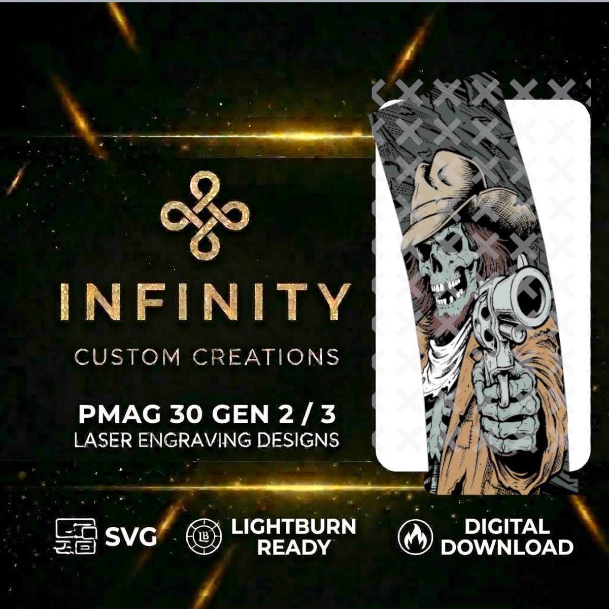 Skeleton Cowboy PMAG Design | Gunslinger Skull  | Digital Download | Fiber Laser Engraving File SVG & DXF  | LightBurn Ready