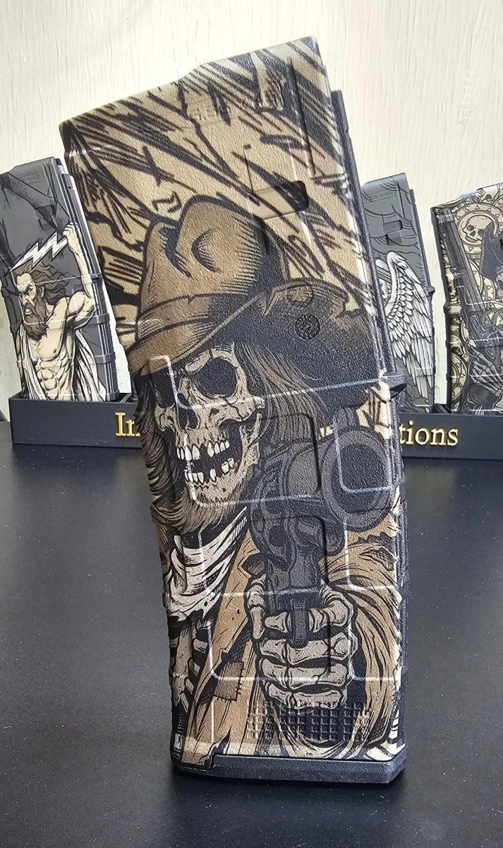 Skeleton Cowboy PMAG Design | Gunslinger Skull  | Digital Download | Fiber Laser Engraving File SVG & DXF  | LightBurn Ready — lasered result