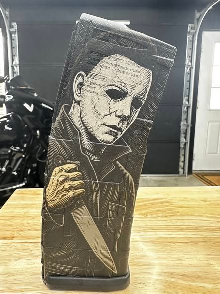 Horror Slasher Mask PMAG Design | Multi-Layer LightBurn File | Tactical Engraving Digital Download | Fiber Laser Ready — lasered result