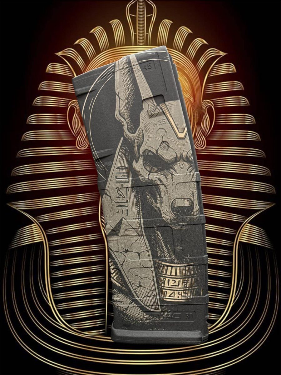 Anubis PMAG Design | Egyptian God Engraving File | Mythology Skull Jackal | LightBurn PMAG File | Fiber Laser Digital Download — lasered result