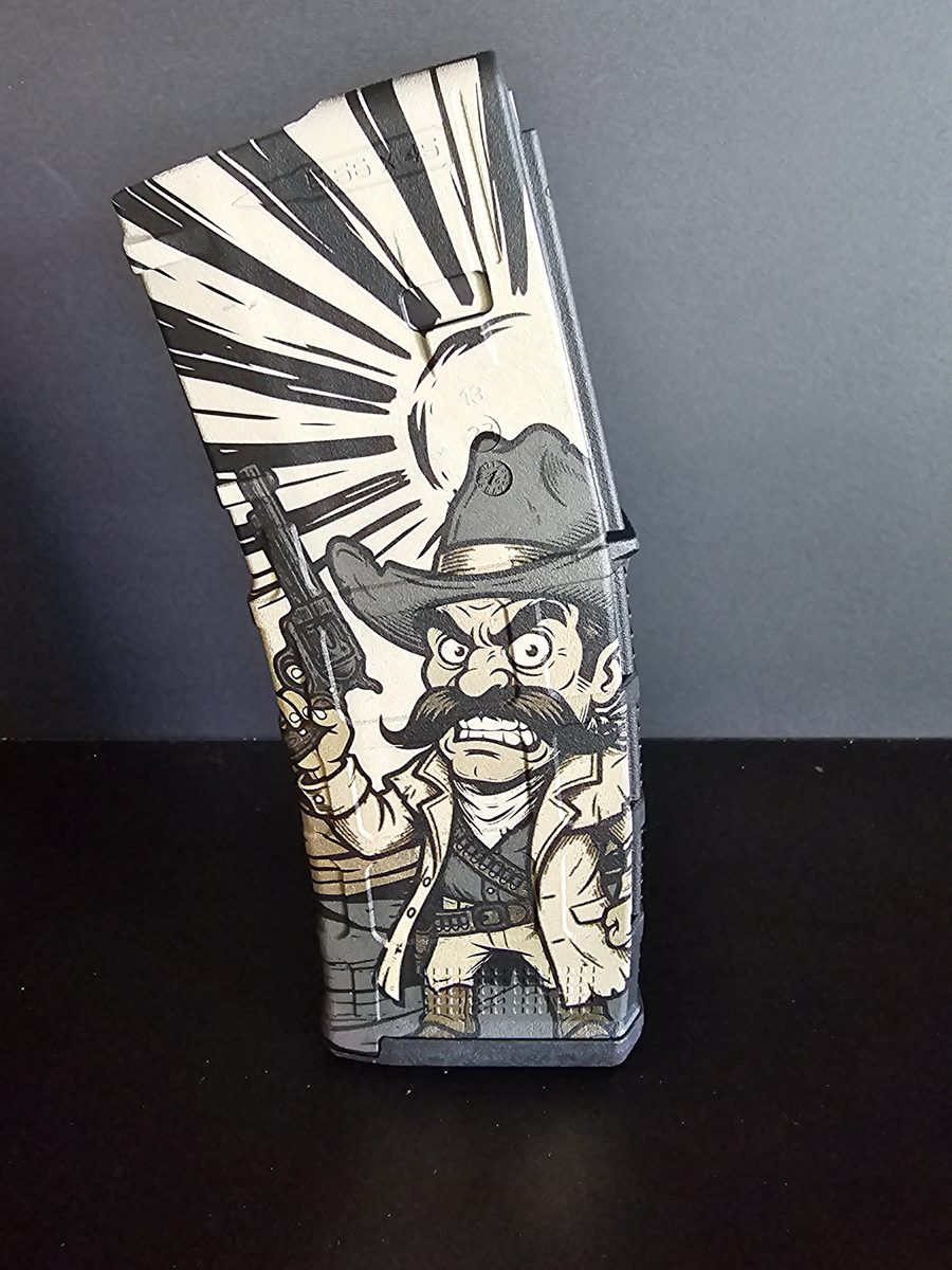 Outlaw Gunslinger PMAG Design | Wild West Cowboy Fiber Laser Engraving File | SVG DXF | LightBurn Ready — lasered result