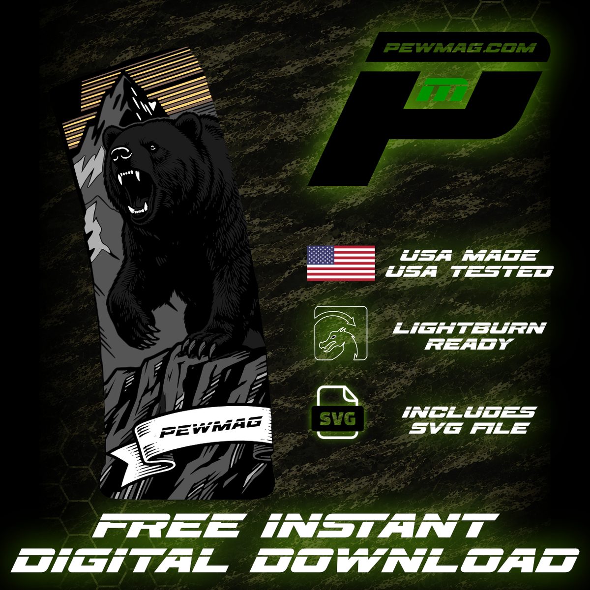 Free Bear PMAG SVG File | Free Grizzly Bear Engraving Design for PMAG 30 Gen 2 & Gen 3 | LightBurn Fiber Laser Download