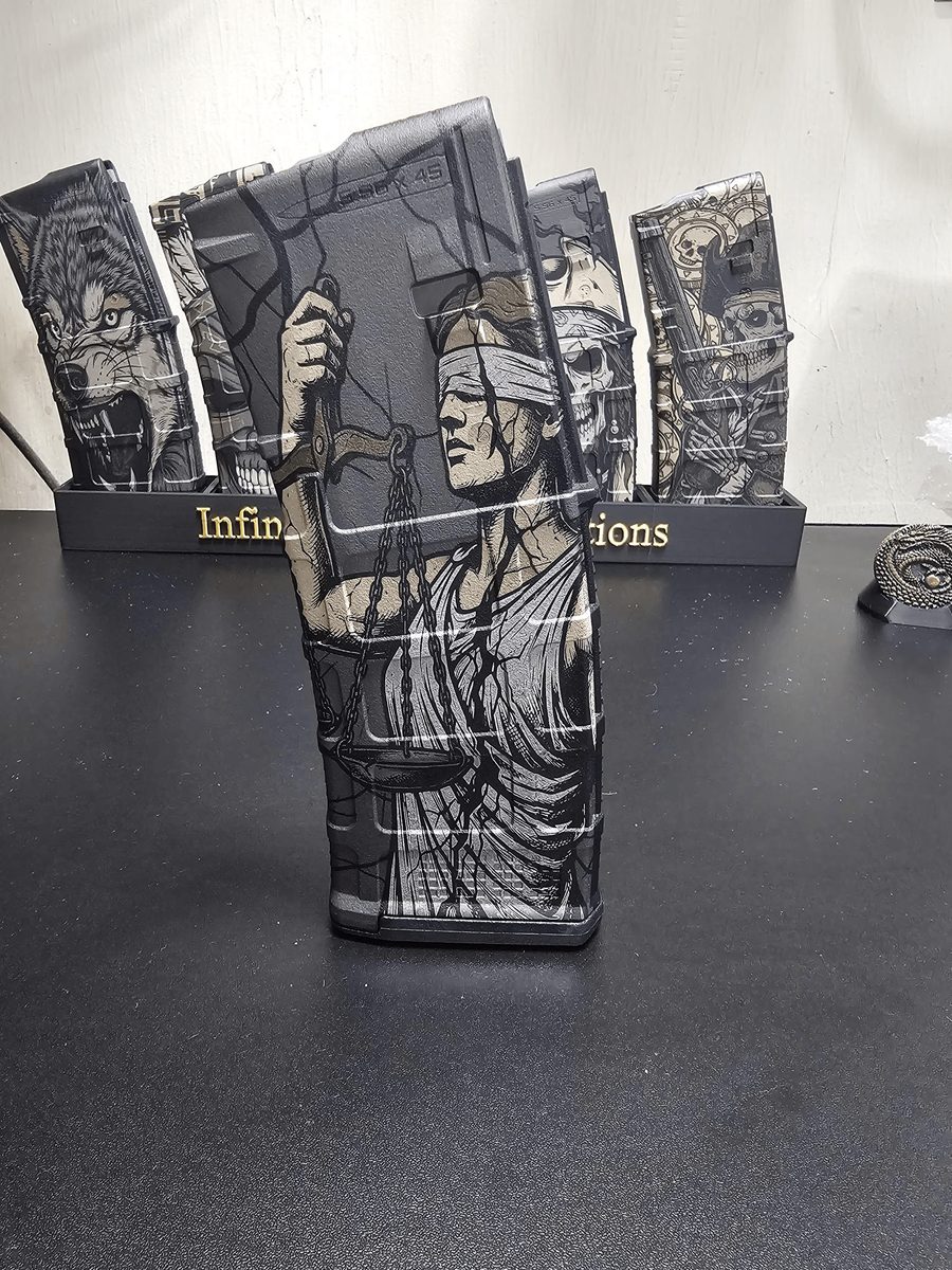Lady Justice PMAG Engraving File | Digital Download | Fiber Laser Multi Layer SVG | LightBurn Ready — lasered result