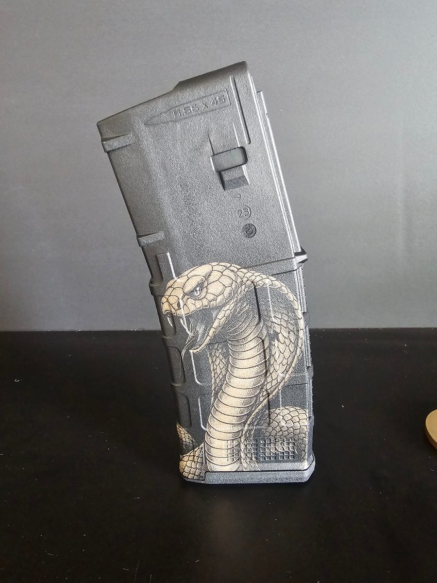 King Cobra PMAG Fiber Laser Engraving Design | SVG DXF LightBurn File | Magpul Gen 2 & Gen 3  | Digital Download — lasered result